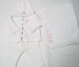 Knitted on Hand Knitting Machine White Cotton Hand Crochet Finished with White Chenille Infant Girls Cardigan Pant Hat and Large Blanket Size 32 By 45 Inches Trimmed with Customer Chosen Upto Five Letters