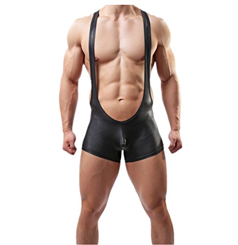 Tirain Men Sexy Wrestling Singlet Faux Leather Underwear Lingerie Bodysuit Pant (Medium, Black)