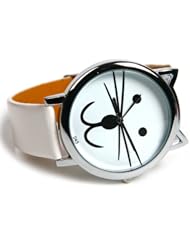 New White Womens Girls Cat Face Dial Quartz Wrist Watch Wristwatch
