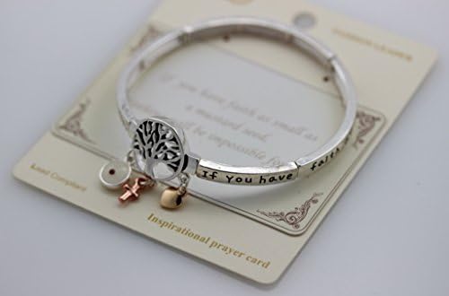 Silver Tone Tree of Life Stretch Inspirational Bracelet with Tricolor with Mustard Seed, Heart and Cross Charms