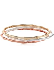 Rose Goldtone Finish, Goldtone Finish and Sterling Silver Bamboo Set of Three Bangle Bracelets