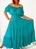 TURQUOISE DRESS PEASANT SMOCKED RUFFLED MEXICAN FITS -S M L - A758 LOTUSTRADERS