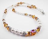 November Golden Topaz Swarovski Crystal Birthstone Beaded Necklaces in Sterling Silver with White Pearls by Gemstone Gifts Handmade Jewelry.