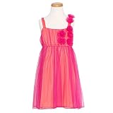 Girls Orange Fuchsia Mesh Overlay Rosette Summer Dress Size 7-14