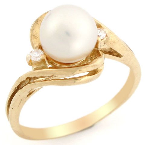 14k Solid Yellow Ring CZ & Freshwater Pearl Perfect For Every Day Ring Jewelry