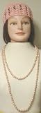 One Strand Very Long Shown As Two Strands Light Pink Simulated Pearl Necklace Offered with Hand Crocheted Gimp Skull Cap