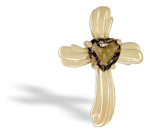 14K Yellow Gold Genuine Heart Smoky Quartz Cross Pendant
