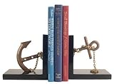 Set of Wood Bookends with Bronze Anchor