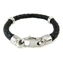Black Braided Leather Stainless Steel Bracelet With Large Lobster Clasp