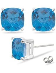 1.78 Cts of 6 mm AAA Cushion Checker Board Swiss Blue Topaz Stud Earrings in 14K White Gold-Screw Backs