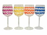 ArtisanStreet's Fiesta Wine Goblets. Set of 4 Fun Wine Glasses. One Each: Red, Green, Orange and Lavender with White Dots. Clear Crystal. Hand Painted, One of a Kind, Signed by Artisan