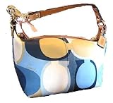 Coach Signature Scarf Print Top Handle Pouch Hobo Handbag Blue White Cream