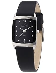 Skagen Womens 691SSLB Black Dial Swarovski Elements Black Leather Band Watch