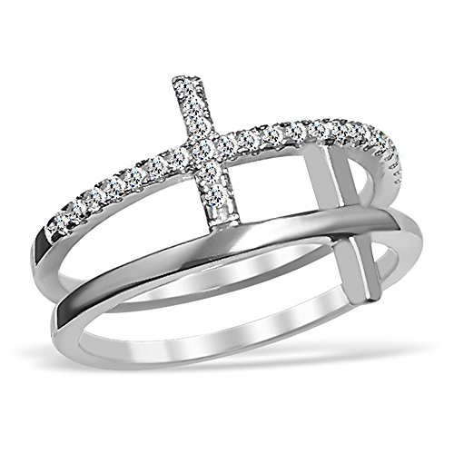 Sterling Silver Double Sideways Cross Ring with Cubic Zirconia Accents (6)