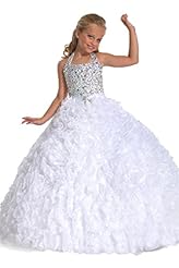 Girls Full Length  Crystal Crystals Halter Pageant Dress  With Ruffles