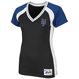 MLB Women's New York Mets Opal Short Sleeve Raglan Deep V-Neck Synthetic Tee (Black/Deep Royal/White/Deep Royal, Medium)