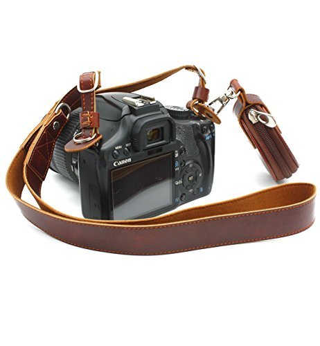 CEARI Premium Camera Leather Shoulder Neck Strap Belt + Storage Case Carrying Bag for Canon Nikon Pentax Olympus Sigma Sony Fujifilm Casio Panasonic DSLR Camera + MicroFiber Clean Cloth - Coffee