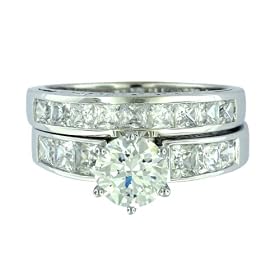 Platinum Overlay Sterling Silver Cubic Zirconia Round Solitaire Ring w/ Princess-Cut Side Stones and Princess-Cut Band Bridal Set