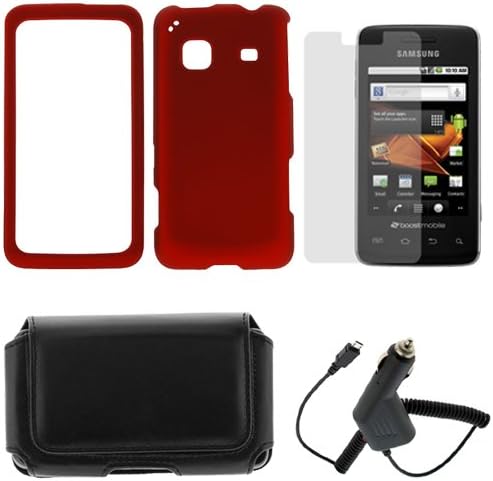 GTMax Red Rubberized Case + Clear LCD Screen Protector + Car Charger + Black Unversal Horizontal Pouch Case for Samsung Galaxy Prevail / Galaxy Precedent M828C