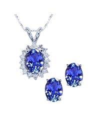 3.12 Ct Oval Tanzanite & Diamond Solid 14K White Gold Pendant Earring Set 18"