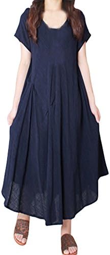 Diandou Women's Linen Short-sleeved Dress Navy Blue XL