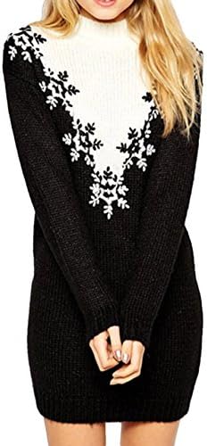 Fashionback Women's Fitted Snow Embroideded High Collar Knitted Pullover Sweater Black Asian 2XL/US M-L(Bust:38.19")