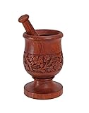 Wooden Mortar and Pestle Hand Carved with Foliage Patterns Kitchen Accessory