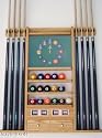 8 Cue Stick and Pool Ball Wall Rack With Clock Oak Finish