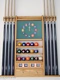 8 Cue Stick and Pool Ball Wall Rack With Clock Oak Finish