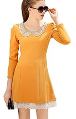 Natural   Waistline Long Sleeves Puff Sleeves Cotton/Nylon Short Scoop Neck Belted Lace  Sequined Mini Dress  With Ruffles