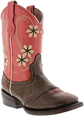 Veretta Boots - Girl's Brown &amp; Pink Floral Design Western Cowgirl Boots Square Toe 12 Toddler