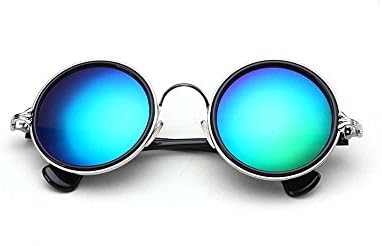 Male and female models circular frame Colorful retro reflective sunglasses tide wild (Silver frame blue-green sheet)