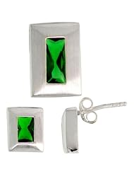 Sterling Silver Matte-finish Rectangular Earrings (9mm tall) & Pendant Slide (14mm tall) Set, w/ Emerald Cut Emerald-colored CZ Stones