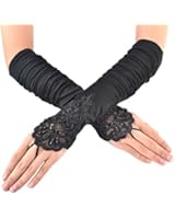 JISEN Lady Fingerless Long Gathered and Beaded Fold Floral Embroidery Lace & Sequins Satin S06 Bridal Party Gloves