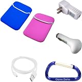 Blue / Pink Barnes and Nobles Nook eBook Neoprene Reversible Sleeve Case Cover, USB Charging Cable / Data HotSync, USB Car Charger, USB USB Power Adapter / Wall Charger, and Free Carabiner Key Chain