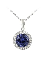 Sterling Silver Round Dark Blue Cubic Zirconia with Pave Border Pendant Necklace, 18"