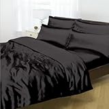 41ooSK FpEL. SL160  4 Pieces Soft Reversible Satin Solid Black Duvet Cover , Fitted Sheet, and Pillowcase Set for Queen Bed