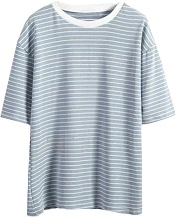 Waloneby Women's Crew Neck Short Sleeve Striped Baggy T-Shirt (One Size, Blue)