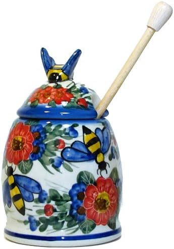 Polish Pottery 6" Bee Honey Jar with Dipper - Red Poppy Design Handmade From Boleslawiec Poland Artystyczna Ceramika Signature (Unikat) Series Pattern
