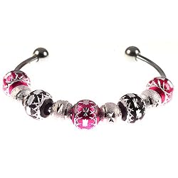 Hot Pink and Sassy for Pandora Style Beads on Sterling Silver Plated Twist End Bangle (1)