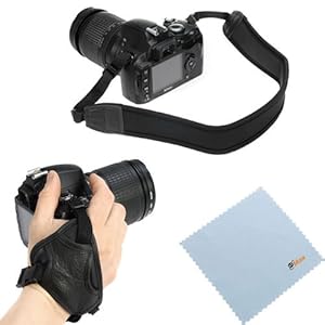 GTMax Black Anti-Slip Neoprene Camera shoulder/Neck Strap Belt + Heavy Duty Stabilizing Hand Grip Strap + Microfiber Cleaning Cloth for FujiFilm FinePix X100S, SL1000, X100S, S8200, S4200, S4500, SL300, S3200, HS50EXR, HS20EXR, S2950, S2800HD; Pentax X-5; Canon SX50 HS, SX500 IS, EOS T5i, SL1 or any other Heavy SLR Digital Cameras