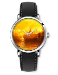 SPRAWL Aanalog Fashion Series Silver Ladies Watches of Genuine Black Leather Strap,Unique Wrist Watch for Women Girls Designed with Sunrise on the sea
