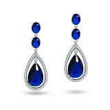 Bling Jewelry CZ Sapphire Color Silver Oval Teardrop Dangle Chandelier Earrings