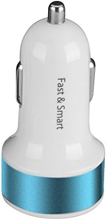 Energen 2-port, Dual Port Universal USB Car Charger Compatible with iPhone 6, 6+, iPhone 5 / 5s / 4 / 4s, iPod Touch, iPod Nano, iPad and iPad Mini 3.1 AMP. Compatible with Andriod Phones, All Tablets and Smart Phones. Portable Travel Charger. (White) (Light Blue)