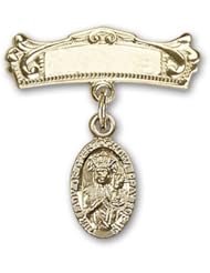 14K Gold Baby Badge with Our Lady of Czestochowa Charm and Arched Polished Badge Pin
