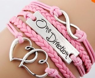 ETSYG Antique Silvery 1D Infinite 8 Bangle Double Heart Pink Leather Rope One Direction Bracelet