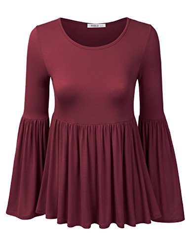 Doublju Womens Long Bell Sleeve Flared Ruffle Blouse Top (Made In USA)