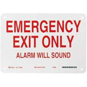 Brady 22483 10" Width x 7" Height B-401 Plastic, Red on White Door Sign, Legend "Emergency Exit Only: Alarm Will Sound"