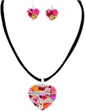 Multi Color Clay Beaded Heart Love Necklace Earring Set 18" Jewelry