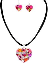 Multi Color Clay Beaded Heart Love Necklace Earring Set 18" Jewelry